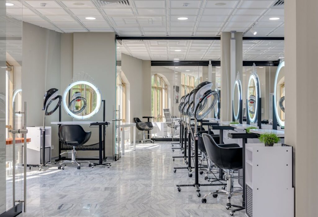 Bright spacious salon with premium amenities and stations for booth rental stylists